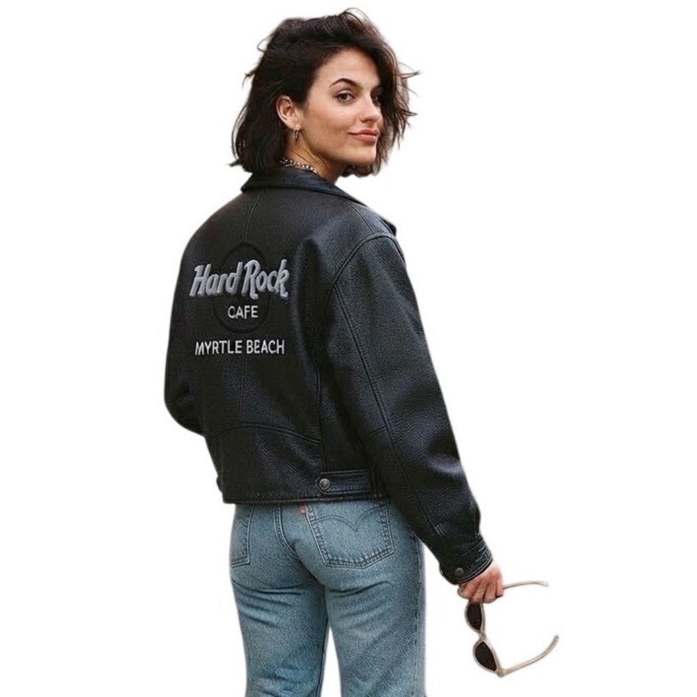 Hard Rock Cafe Leather Jacket Black Myrtle Beach Bomber Coat Vintage Men's Small